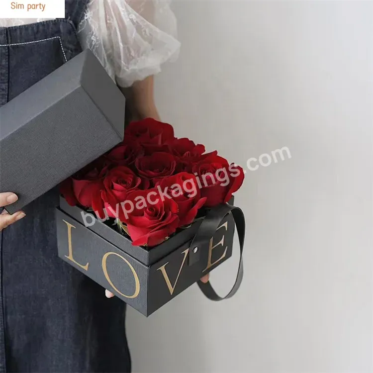 Sim-party Luxury Girls Handle Love Floral Arrangement Boxes Square Preserved Rose Flower Gift Packaging Box