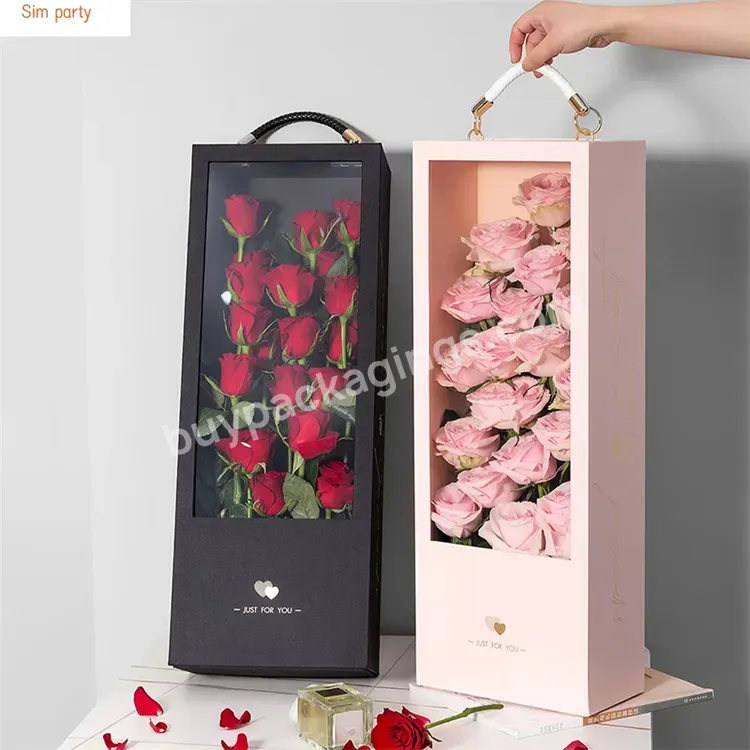 Sim-party Luxury Large Floral Handle Clear Window Bouquet Boxes Flower Real Preserved Red Roses In Gift Box