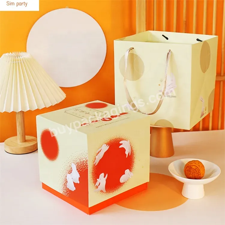 Sim-party Luxury Mid-autumn Food Rabbit Design Orange 8pcs Dessert Gift Boxes Bag 2 Tier Rotatable Mooncake Box