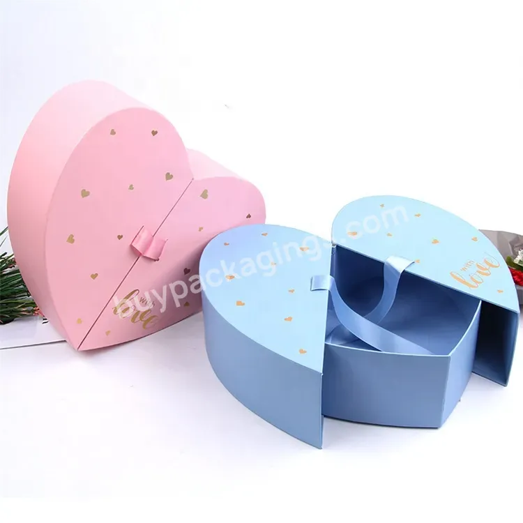 Sim-party Luxury Pink Blue Valentine Sweet Gold Stamping Rose Boxes Heart Shaped Flower Gift Box With Ribbon