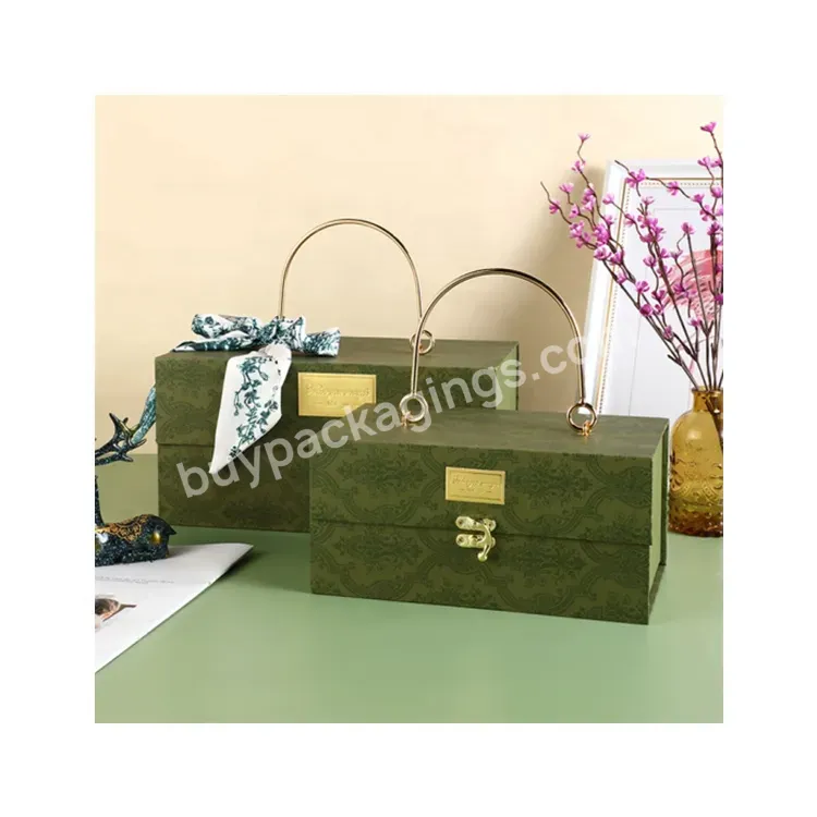 Sim-party Luxury Ribbon Rigid Wedding Proposal Gift Box Green Ramadan Gift Box With Handle