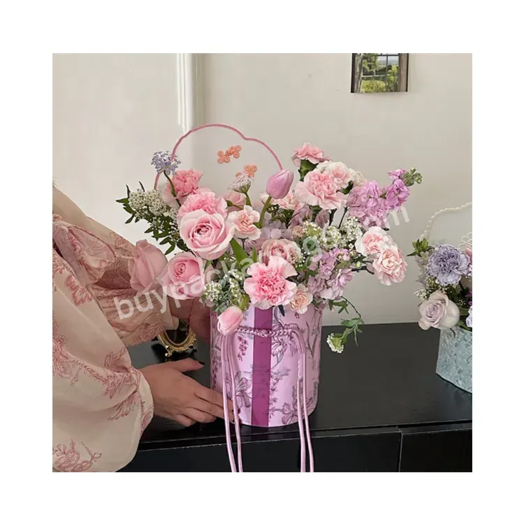 Sim-party Luxury Rope Florist Diy Gift Purple Rose Round Bucket China Wholesale Box For Flower Bouquet