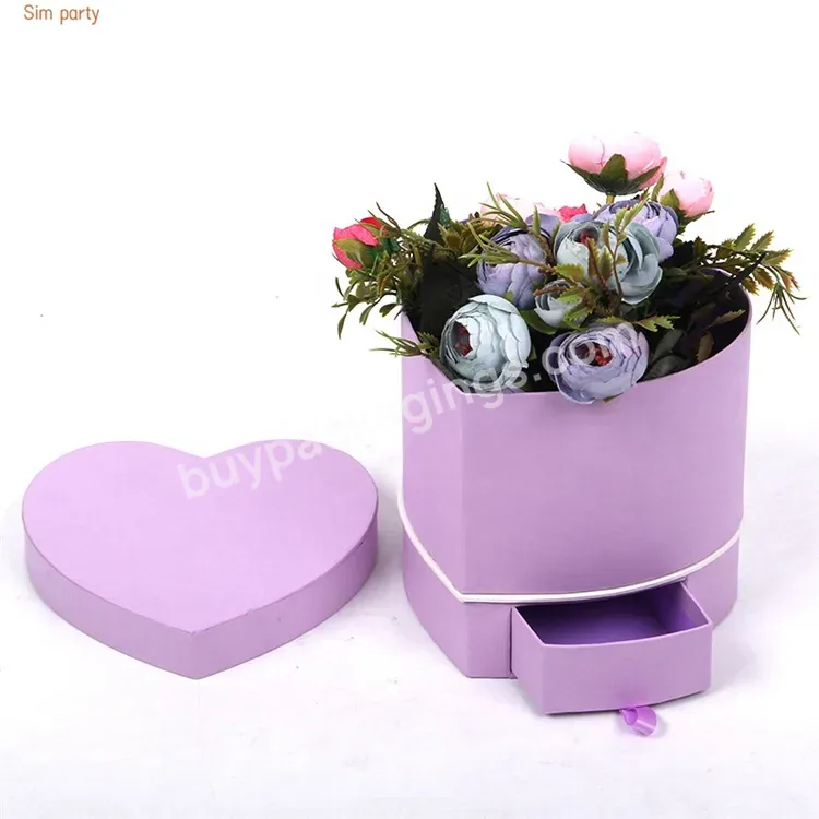 Sim-party Mini Valentine Jewelry Gift Purple Paper Rose Boxes Heart Shaped Flower Box With Drawer
