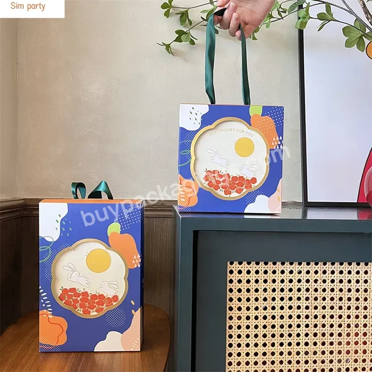 Sim-party New Blue Rabbit Food Gift Handle 4 6 Egg Yolk Puff Paper Boxes Mooncake Box Individual