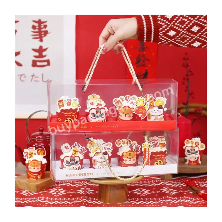 Sim-party New Year Creative Gift White Red Handle Transparent 4 Muffin Boxes Plastic Cup Cake Box