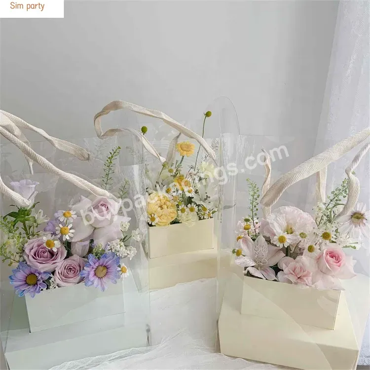 Sim-party Nice Pink Square Girl Florist Handle Pvc Foldable Bouquet Gift Boxes Transparent Flower Box