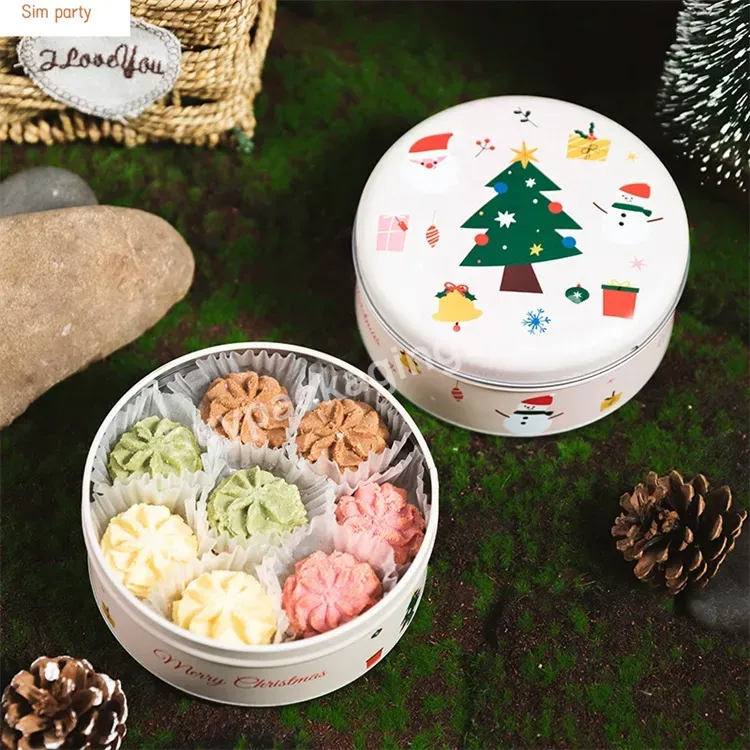 Sim-party Nice Snack Storage Round Sweet Metal Boxes Christmas Tin Box For Gift Candy Cookie Package