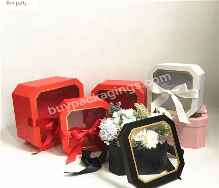 Sim-party Octangle White Ribbon Decorative Rose Boxes Mother's Day Mom Flower Packaging Box With Pvc Lid