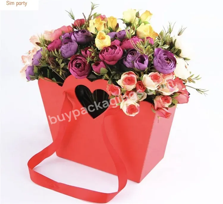 Sim-party Pink Bouquet Paper Ribbon Handle Heart Basket Gift Rose Flower Packaging Box Luxury Custom Size
