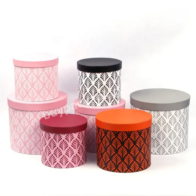 Sim-party Pink Leaves Printed Floral Rose Gift 3pcs Bucket Luxury Cardboard Round Flower Cylinder Box