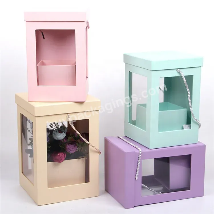 Sim-party Pink Rose Arrangement Handle Bouquet 2pcs Set Square Pvc Flower Box Clear Plastic Flower Box