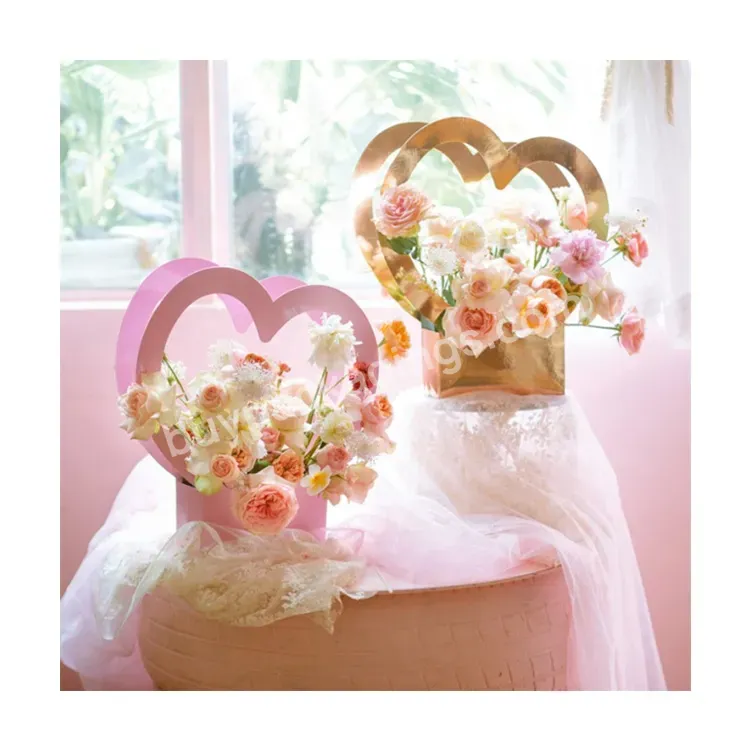 Sim-party Pink Wedding Gift Handle Paper Bouquet Basket Preserved Rose Flower In Gift Boxes Eternal Heart