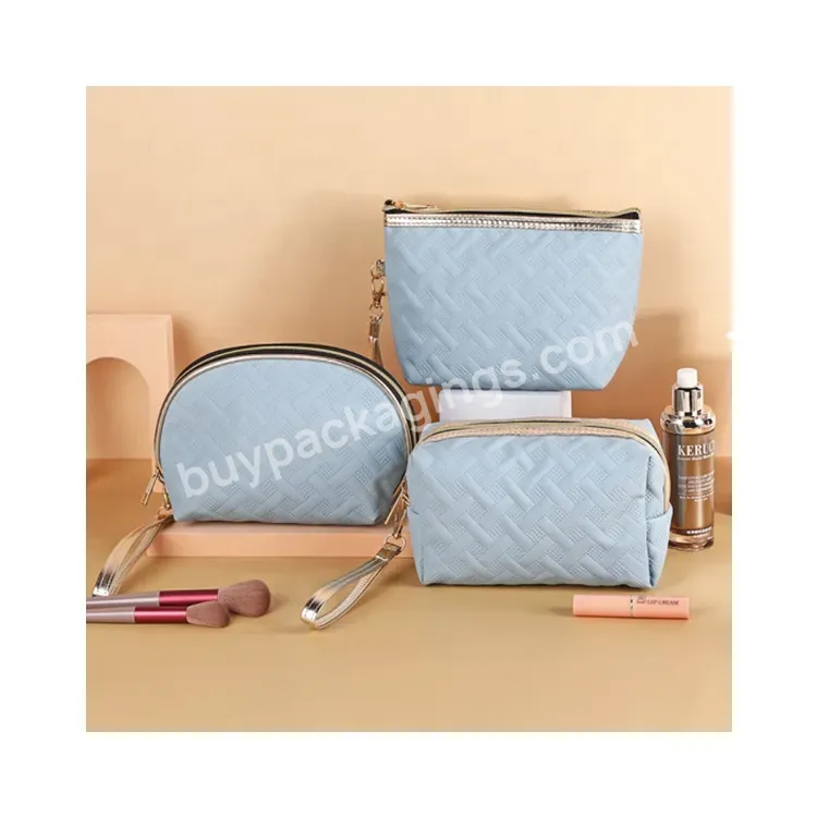 Sim-party Portable Blue Embossing Pu Travel Wash Bag Makeup Bags For Women Cosmetic Bag Wholesale