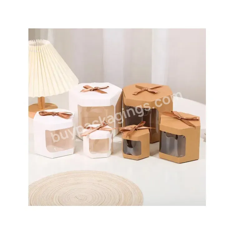 Sim-party Ribbon White Hexagon Wedding Candy Gift Kraft Paper Box With Clear Window