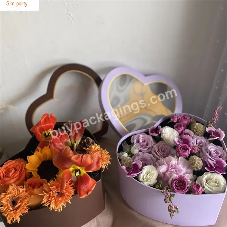Sim-party Romantic Purple Floral Gift Pink Fruit Rose Basket Luxury Heart Shape Flower Box With Pvc Window