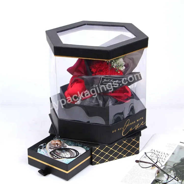 Sim-party Rose Rotating Jewelry Drawer Gift Hexagon Shaped Pvc Flower Box Clear Plastic Flower Box