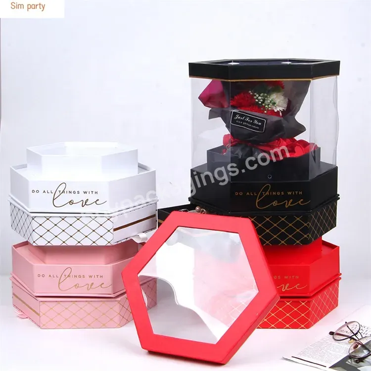 Sim-party Rose Rotating Jewelry Drawer Gift Hexagon Shaped Pvc Flower Box Clear Plastic Flower Box