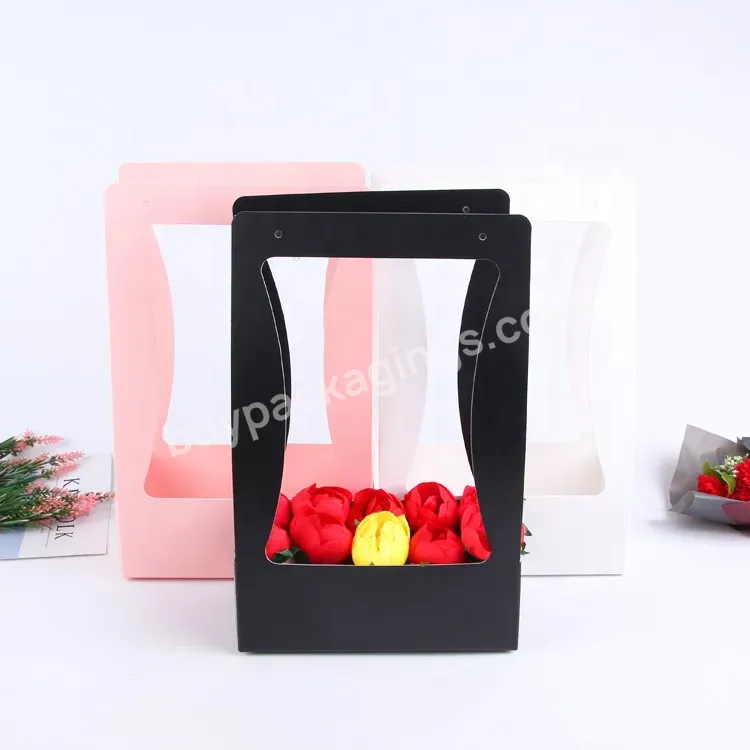 Sim-party Simple Black Handle Folded Bouquet Basket Wholesale Paper Bag Design Flower Bouquet Gift Box