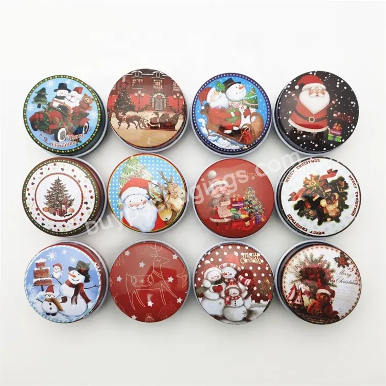 Sim-party Stock 4.8cm*2.5cm Christmas Round Iron Metal Can Candy Chocolate Custom Printed Tin Box