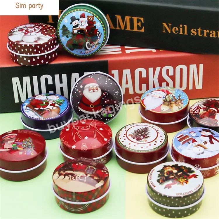 Sim-party Stock 4.8cm*2.5cm Christmas Round Iron Metal Can Candy Chocolate Custom Printed Tin Box