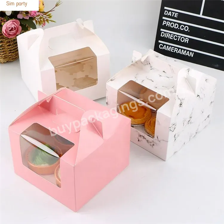 Sim-party Stock Kraft Marble Pastry 2 4 6 Cupcake Paper Packaging Handle Muffin Box With Window