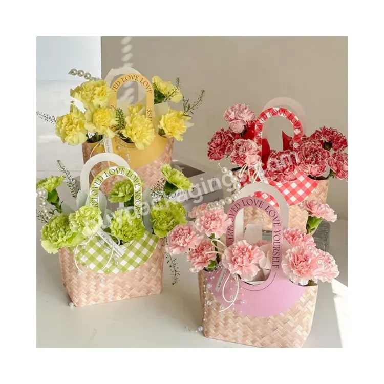 Sim-party Stock Newest Creative Pink Green Rose Florist Handle Paper Bouquet Box Flower Girl Basket