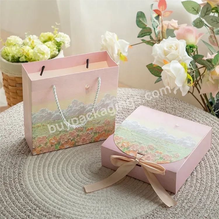 Sim-party Stylish Oil Painting Foldable Birthday Wedding Ivory Kraft Paper Gift Box With Ribbon