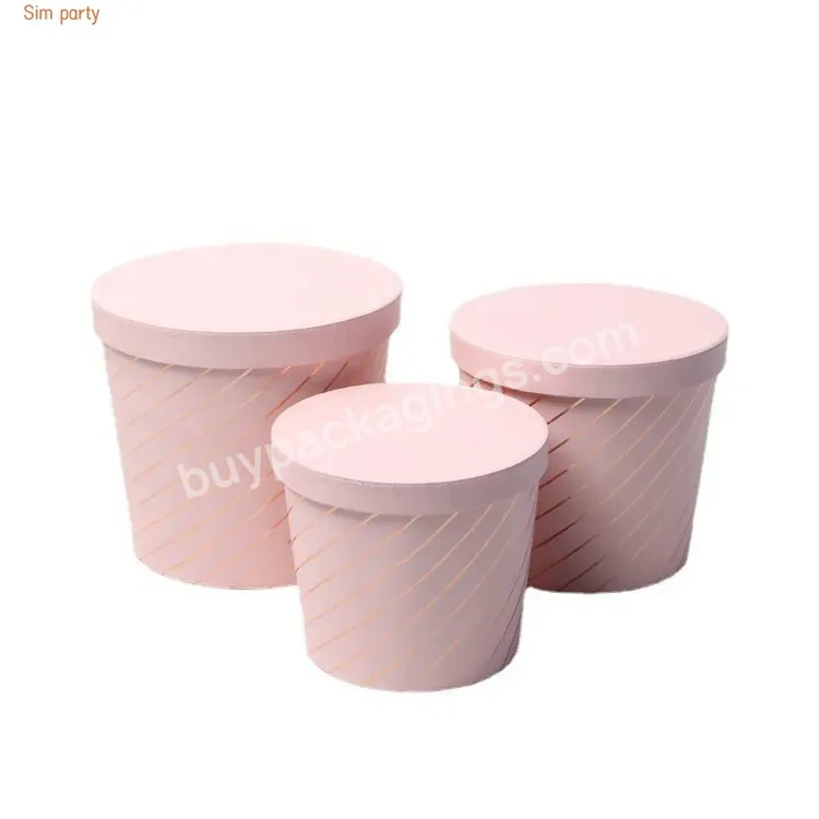 Sim-party Trapezoidal Storage Pink Stripe Rose 3pcs Bucket Box Cardboard Round Flower Gift Box With Lid