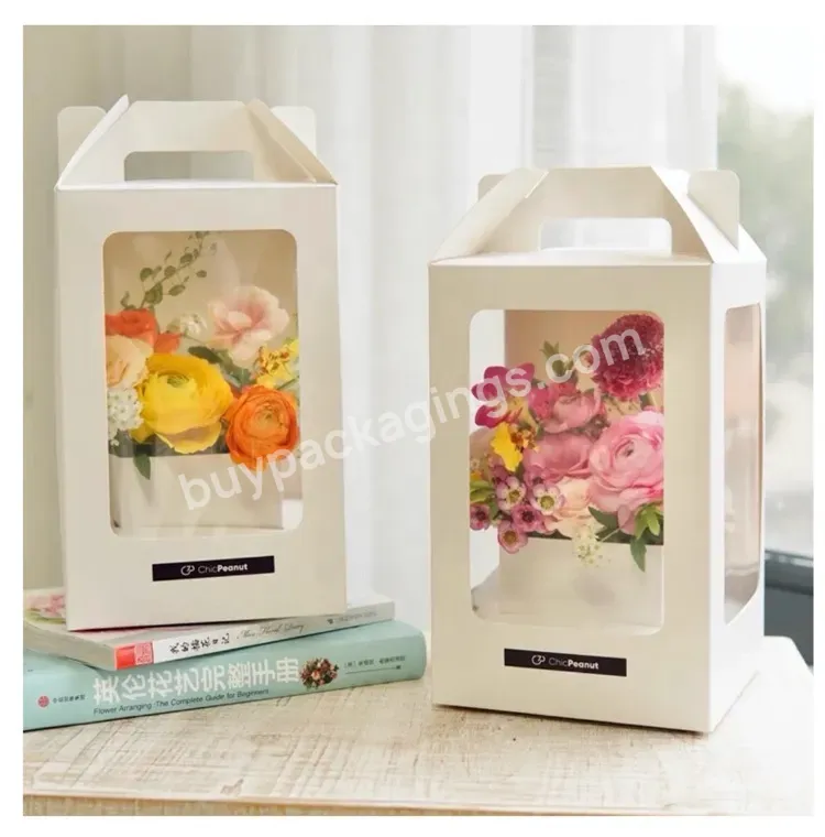 Sim-party White Pink Rose Flowers Arrangement Handle Window Bouquet Gift Packaging Paper Flower Box