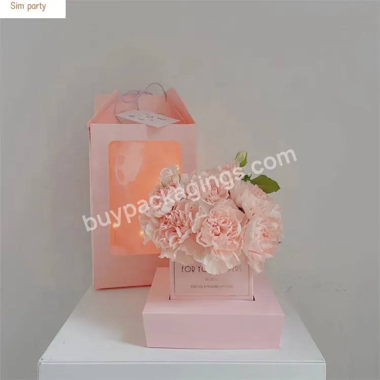 Sim-party White Pink Rose Flowers Arrangement Handle Window Bouquet Gift Packaging Paper Flower Box