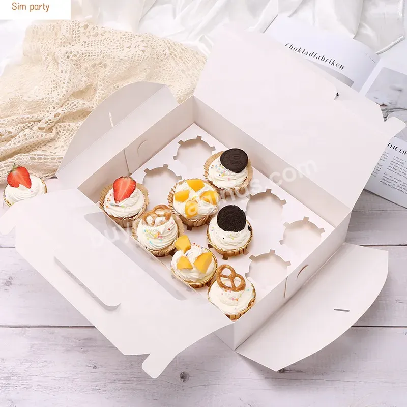 Sim-party Wholesale Egg Tart Bakery Plain White Paper Muffin Box Handle 12 Cup Cake Boxes In Bulk