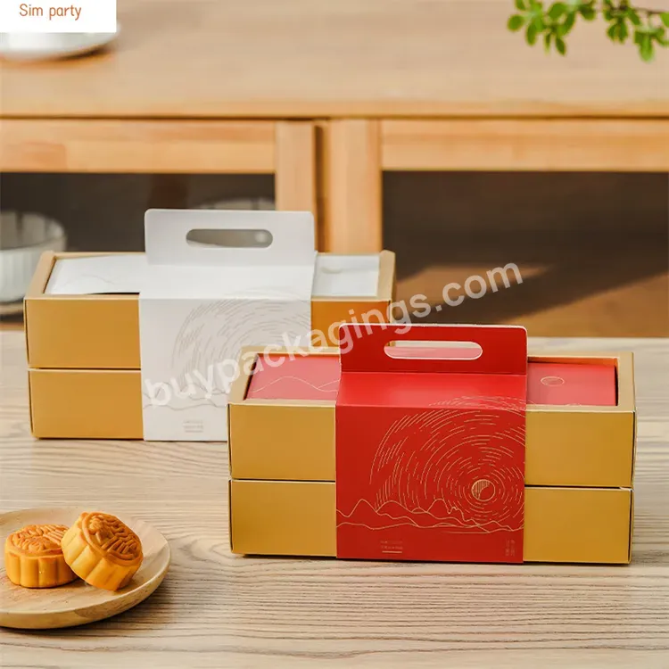 Sim-party Wholesale Red 80g Pastry Food Handle 6 Egg Yolk Puff Paper Package 2 Tier Box Moon Cake