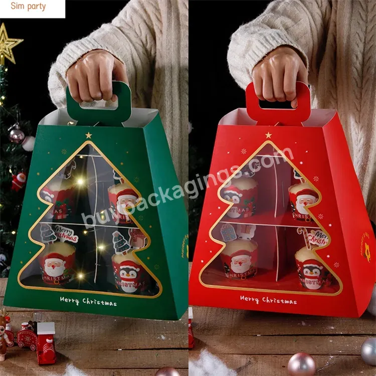 Sim-party Window 2 Layers Dessert Green Red Handle Cupcake Boxes Christmas Muffin Cake Packing Box