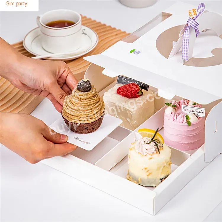 Sim-party Window Puff Dessert White Tray Mini French Mousse Packing Boxes Handle 4 Separate Cake Box