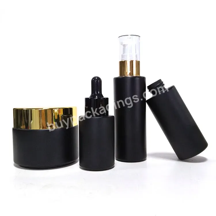 Skin Care 30 Ml Black Frosted Glass Cosmetic Serum Dropper Bottles 50ml 100ml Lotion Bottle With Gold Pump Caps