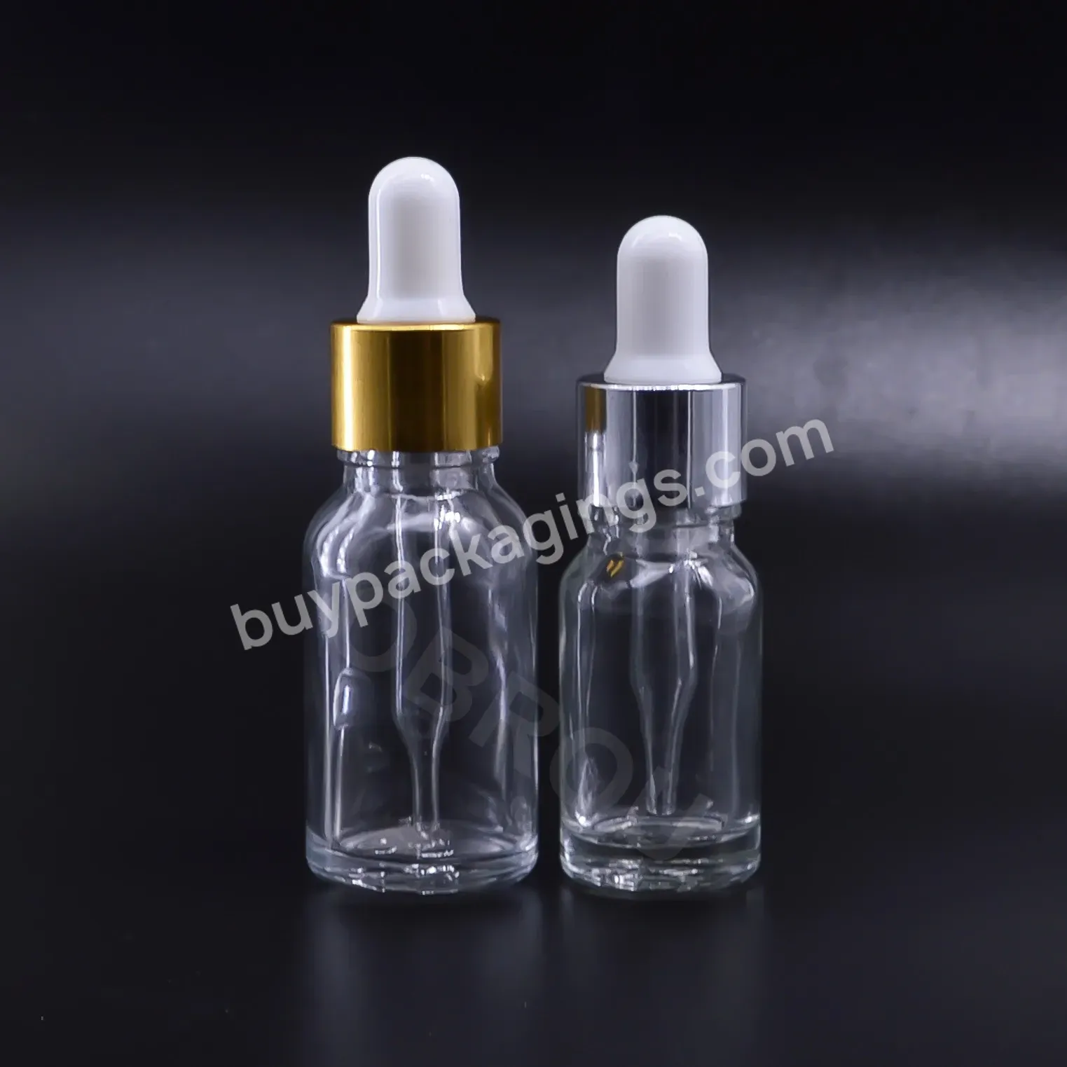 Skin Care Essential Oil 10ml 15ml 20ml 30ml 50ml Transparent Glass Dropper Bottle With Gold Silver Screw Cap Made In China