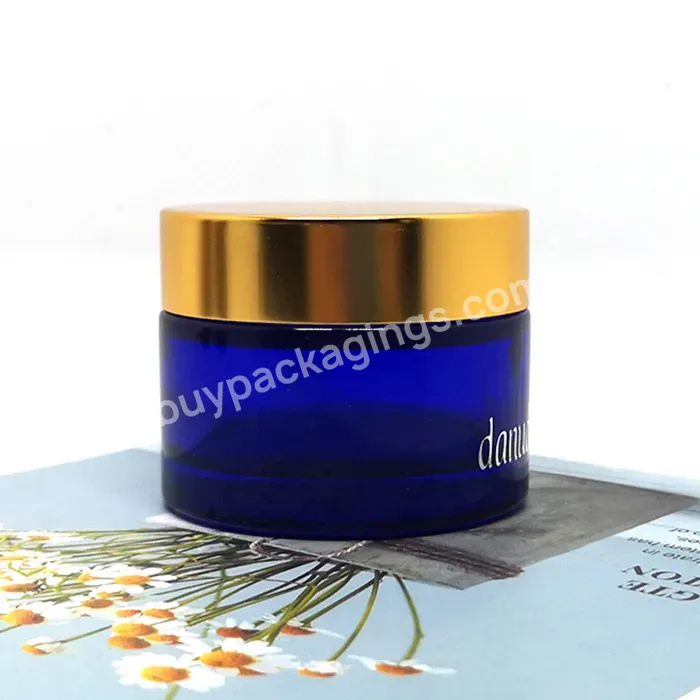 Skincare Face Cream Pot Luxury Cosmetic Packaging Custom Empty Blue Cosmetic Cream Glass Jar With Rotating Gold Lid