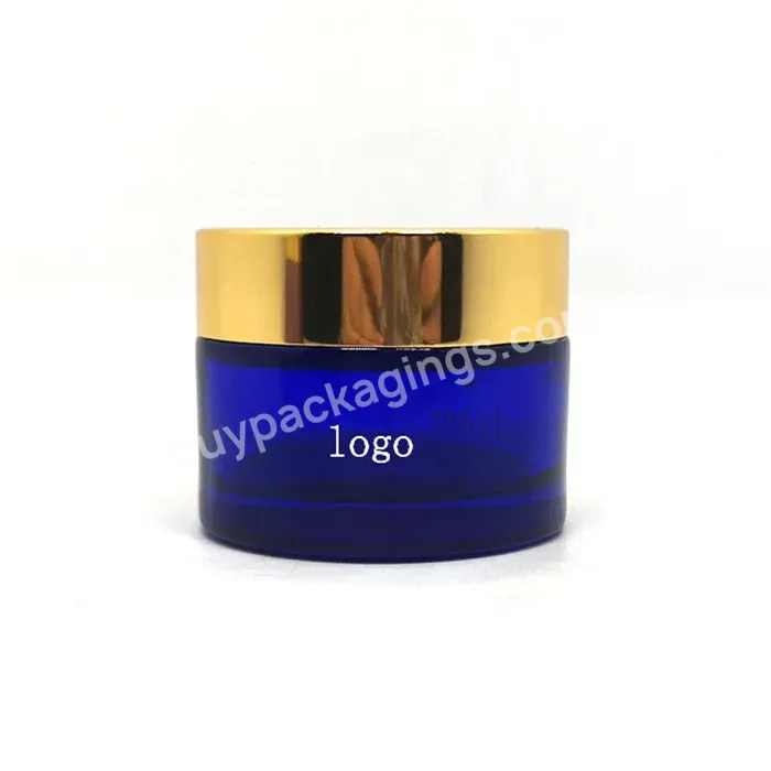 Skincare Face Cream Pot Luxury Cosmetic Packaging Custom Empty Blue Cosmetic Cream Glass Jar With Rotating Gold Lid