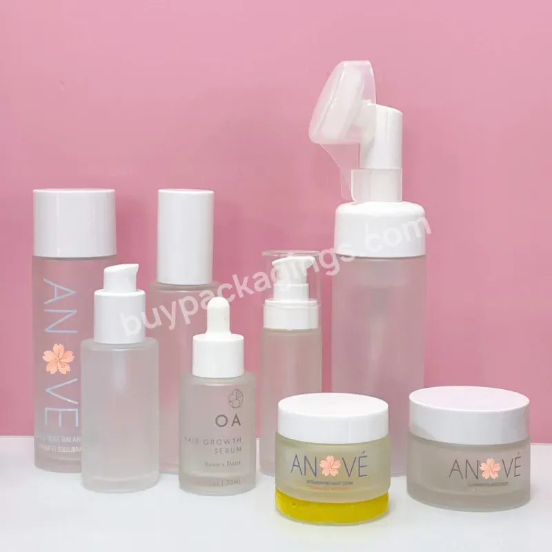 Skincare Packaging Set 1oz 2oz 30 50 100ml Empty Frosted Cream Cosmetic Glass Jar Lotion Pump Serum Glass Bottle With Lid