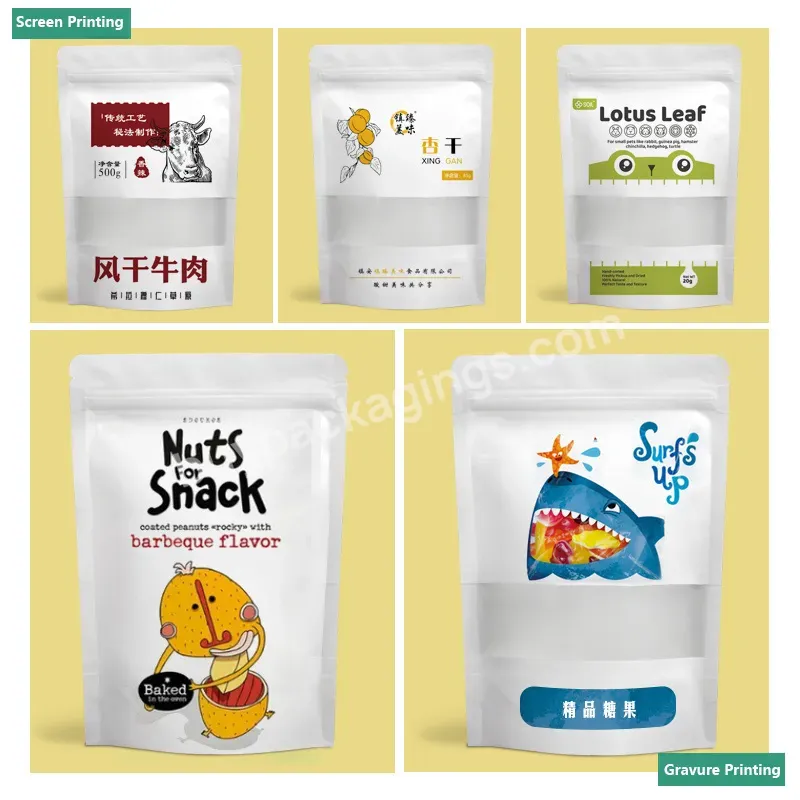 Small Moq Custom Printing Food Grade Water Proof Coffee Snake Nut Packaging Bag White Kraft Paper Stand Up Pouch