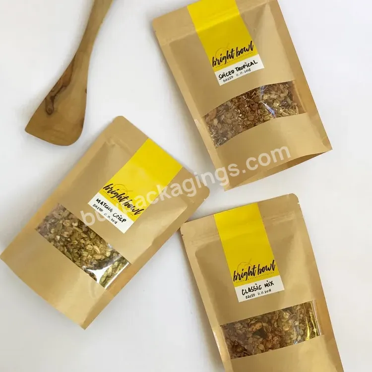 Small Moq Customize Logo Organic Tea/food Packing Kraft Paper Granola Packaging Bag With Reclosable Ziplock