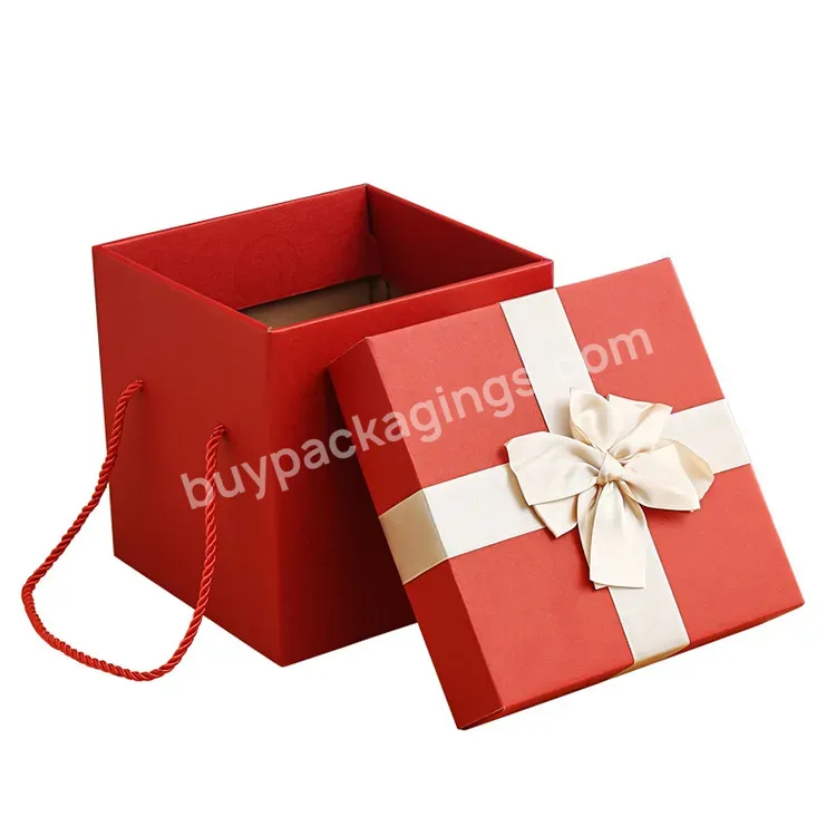 Solid Red Fancy Square Cardboard Wedding Hard Paper Gift Box With Rope Handle
