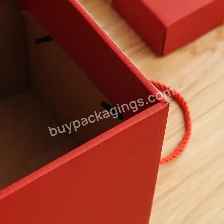 Solid Red Fancy Square Cardboard Wedding Hard Paper Gift Box With Rope Handle