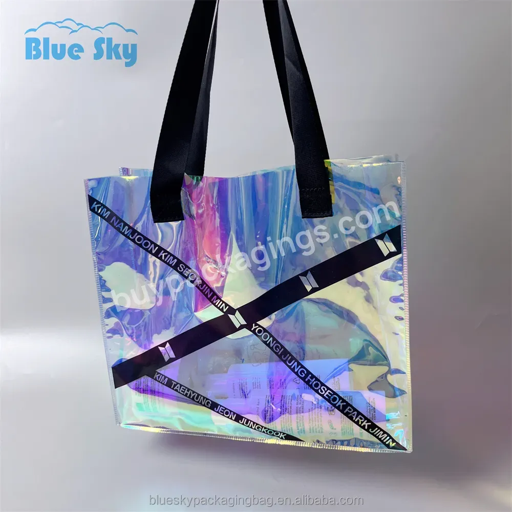 Sparkle Power Glow Holographic Pvc Beach Tote Bag Transparent Laser Tote Bag Transparent Rainbow Shopping Bag With Logo