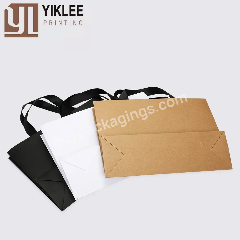 Square Bottom For Packaging Business Clothing Paper Bag With Black Ribbon Handle Custom Logo Print White Gift Shopping Bag