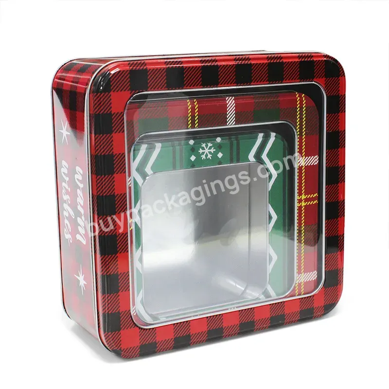 Square Christmas Tin Box For Gift Candy Cookie Package Christmas Boxes Metal Tin With Window Lid