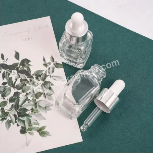 Square Cosmetic Serum Glass Bottle Transparent With Aluminum Dropper Cap 10ml 15ml 30ml Screen Printing Shanghai Shampoo Bottle