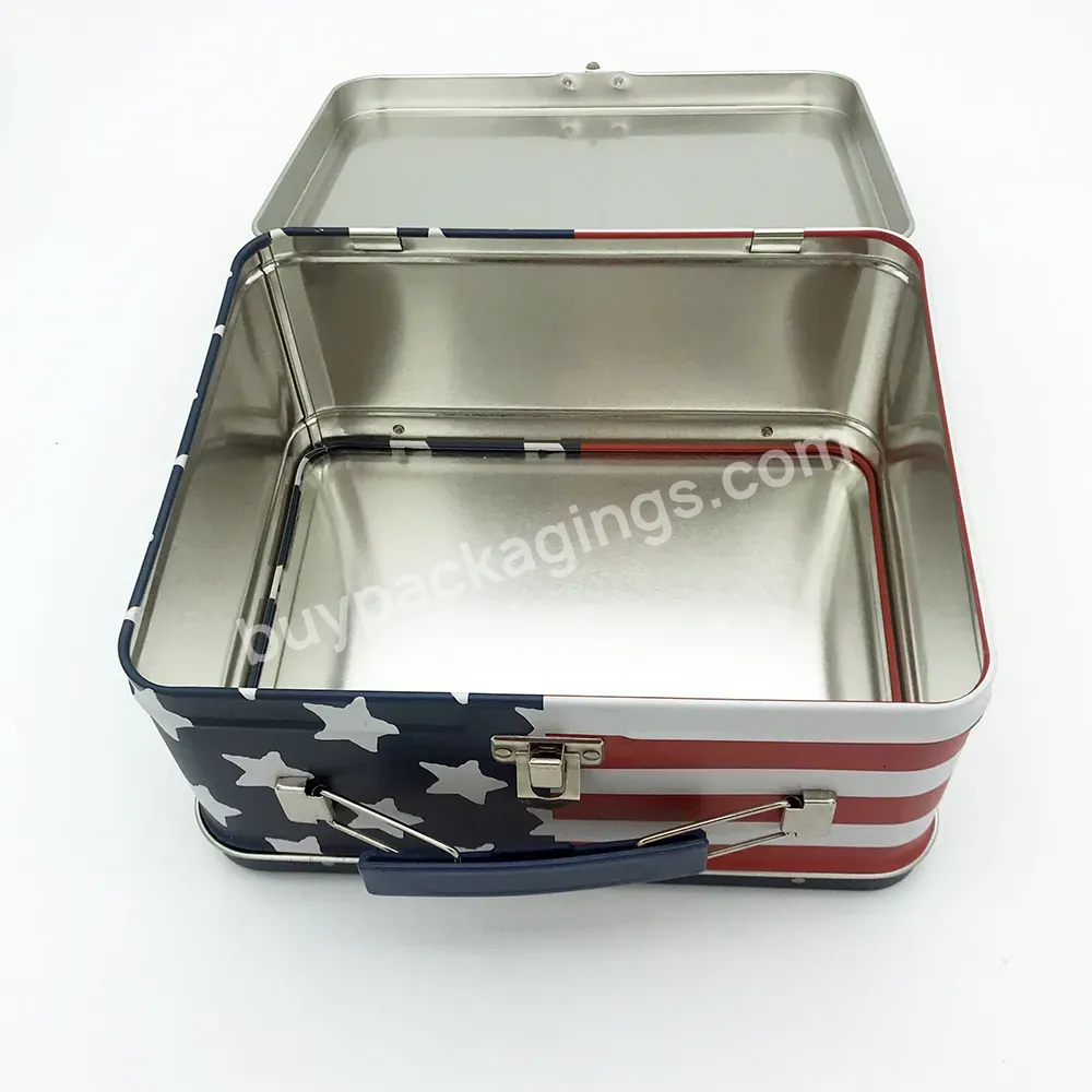 Square Lunch Tin Box With Plastic Handle Packaging