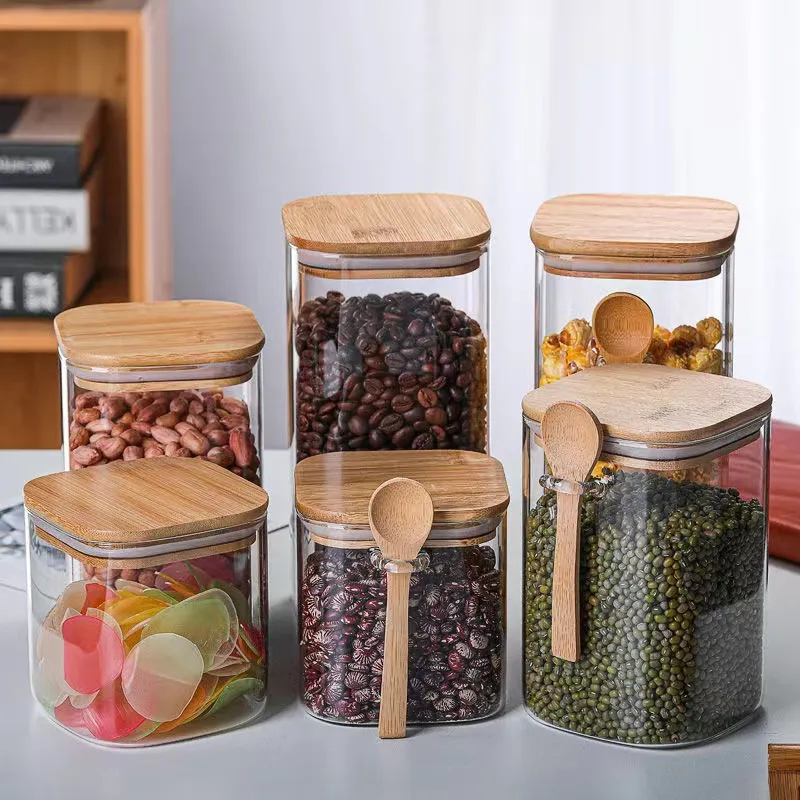 Square Shape 33oz 40oz 50oz Glass Sealed Jar With Wooden Spoon Food Storage Jar Coffee Bean Canisters