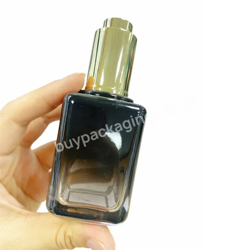 Square Shaped Hair Facial Serum Essential Oil Cosmetic Gradient Black 1oz Glass Bottle With Press Push Button Dropper Cap